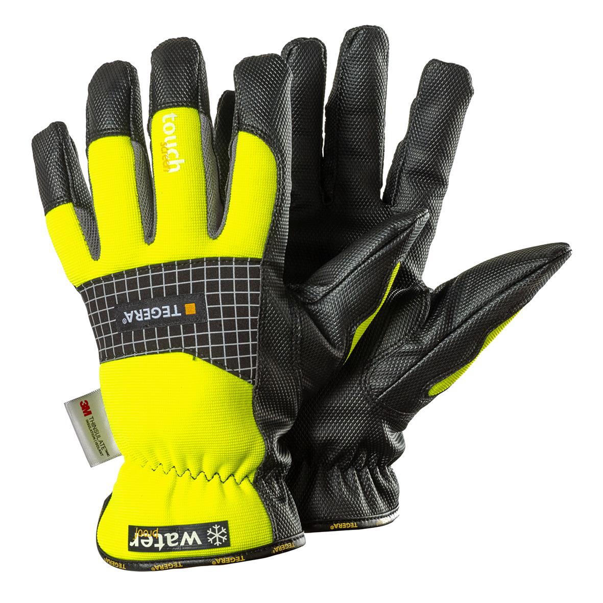 Läderhandske Tegera 9128 i svart och gul med text och mönster