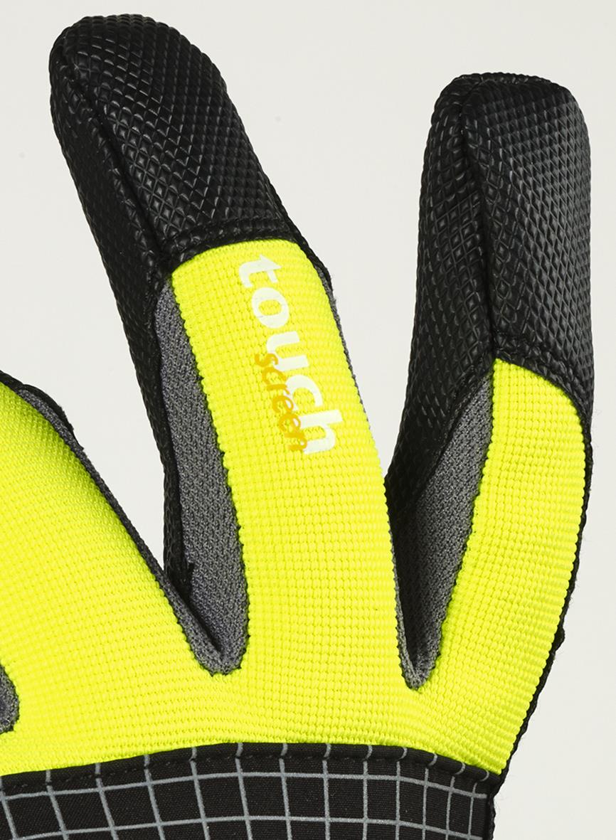 Läderhandske Tegera 9128 i svart och neon-gult med texten Touch på pekfingret