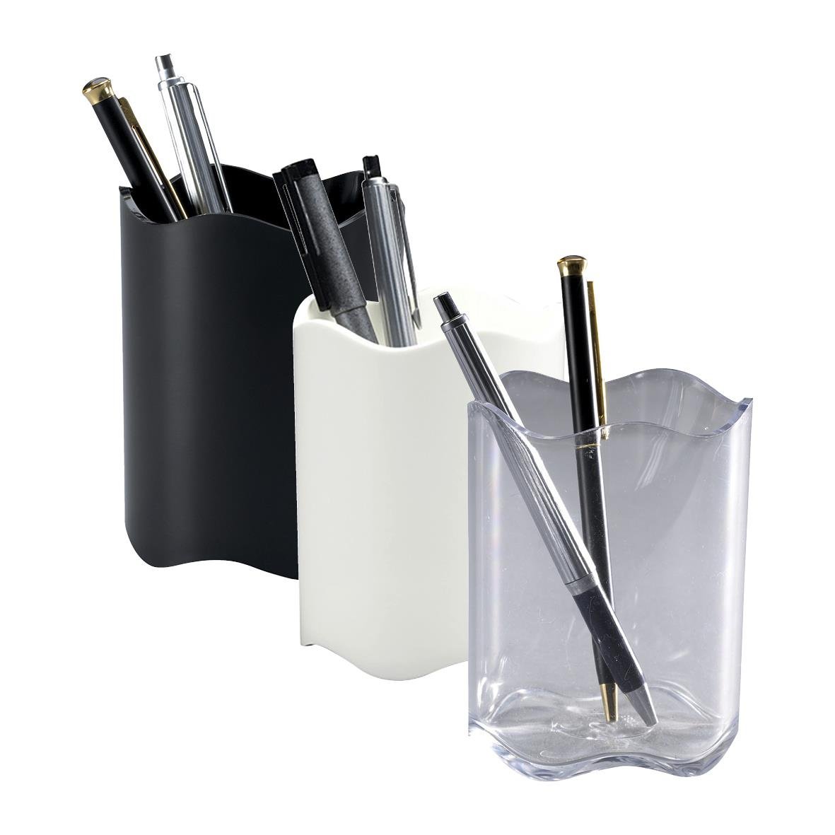 Tre pennkuddar i svart, vitt och genomskinligt plastmaterial, varje med plats för flera pennor