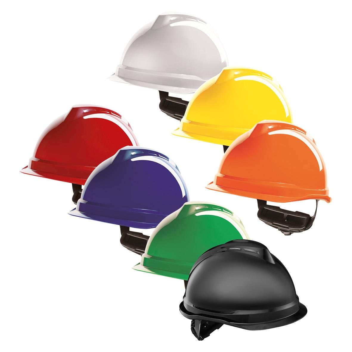 Sju skyddshjälmar i olika färger: vit, gul, röd, blå, orange, grön och svart