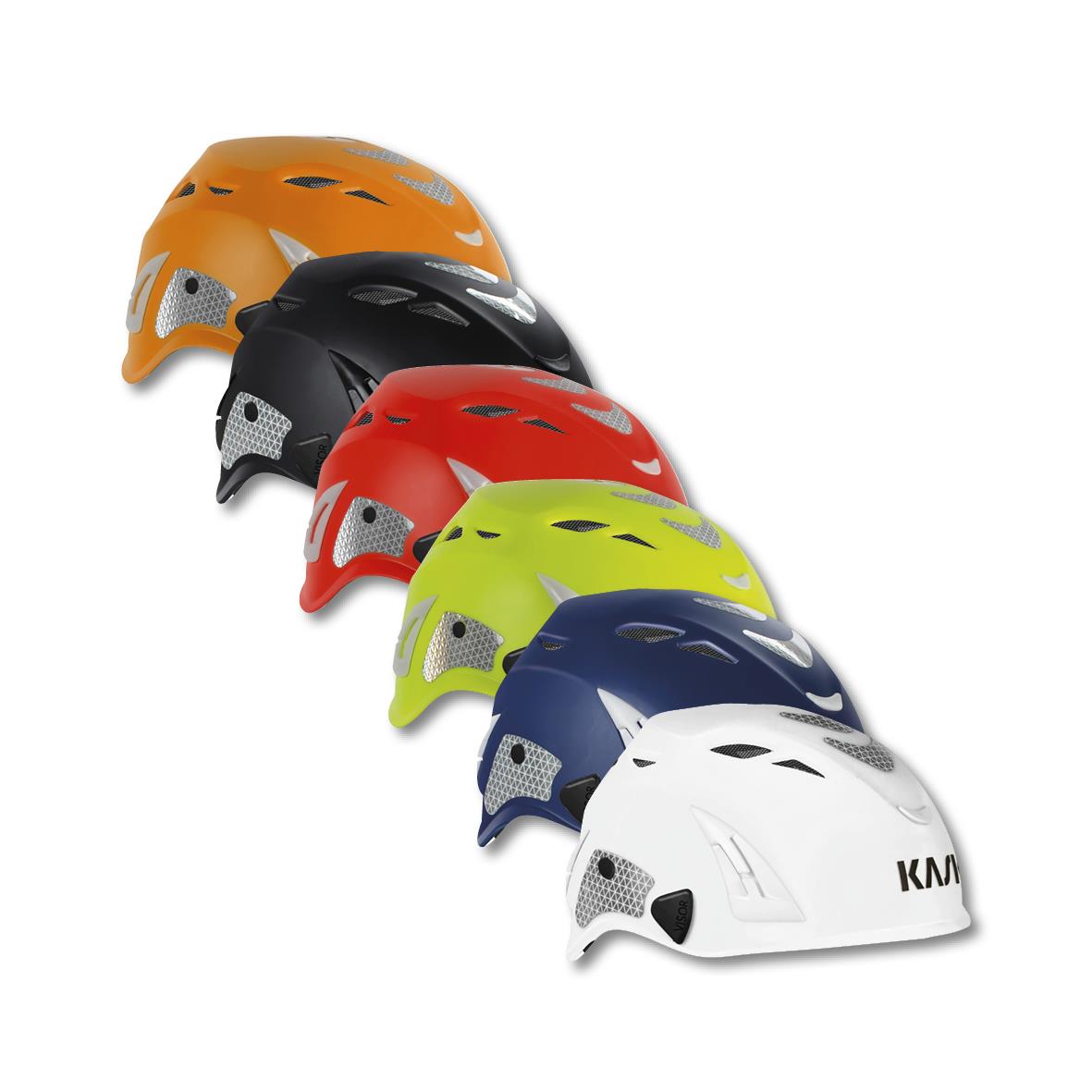 Skyddshjälmar i olika färger: orange, svart, röd, limegrön, blå och vit