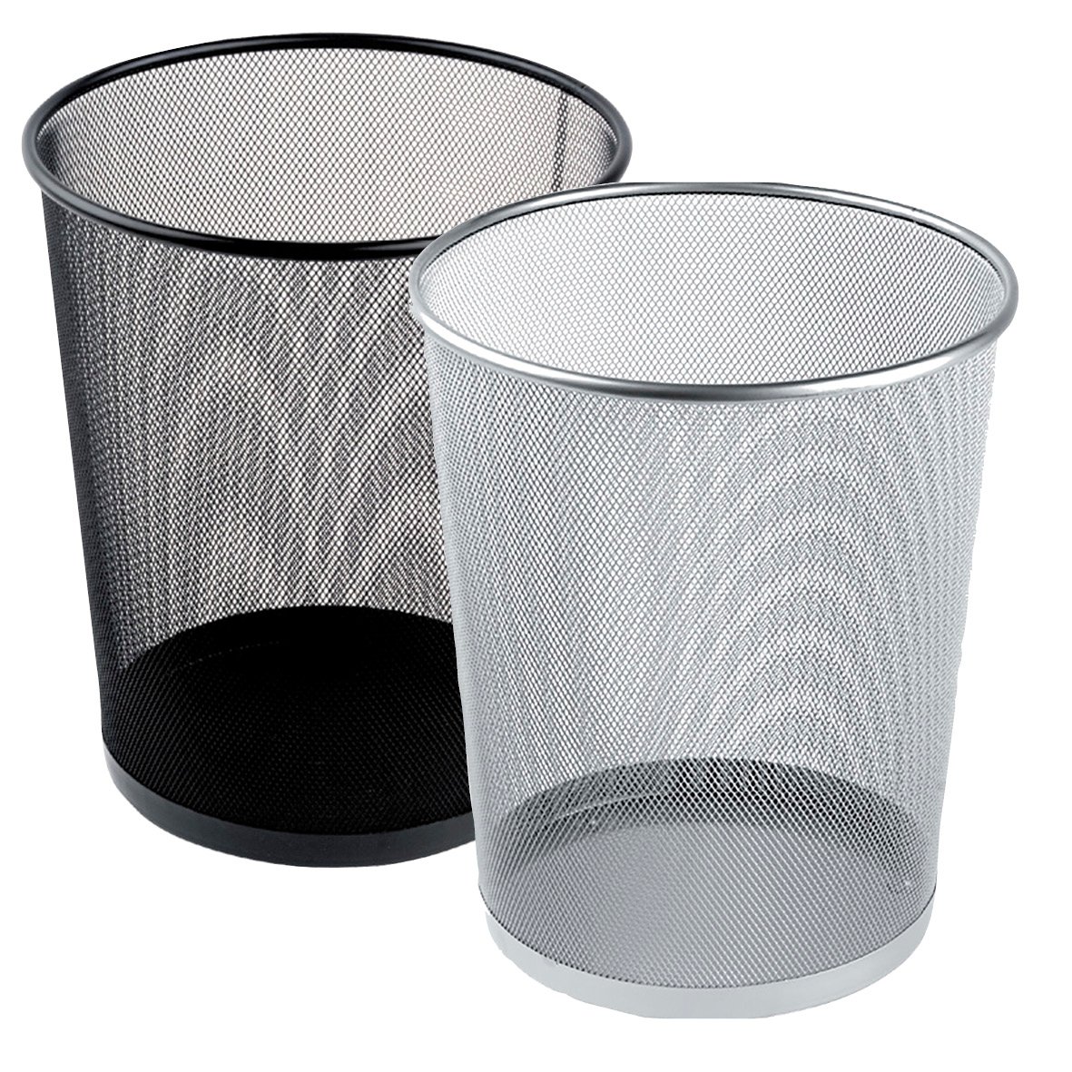 Två metalltrådsavfallskorgar, en svart och en vit, för kontorsavfall