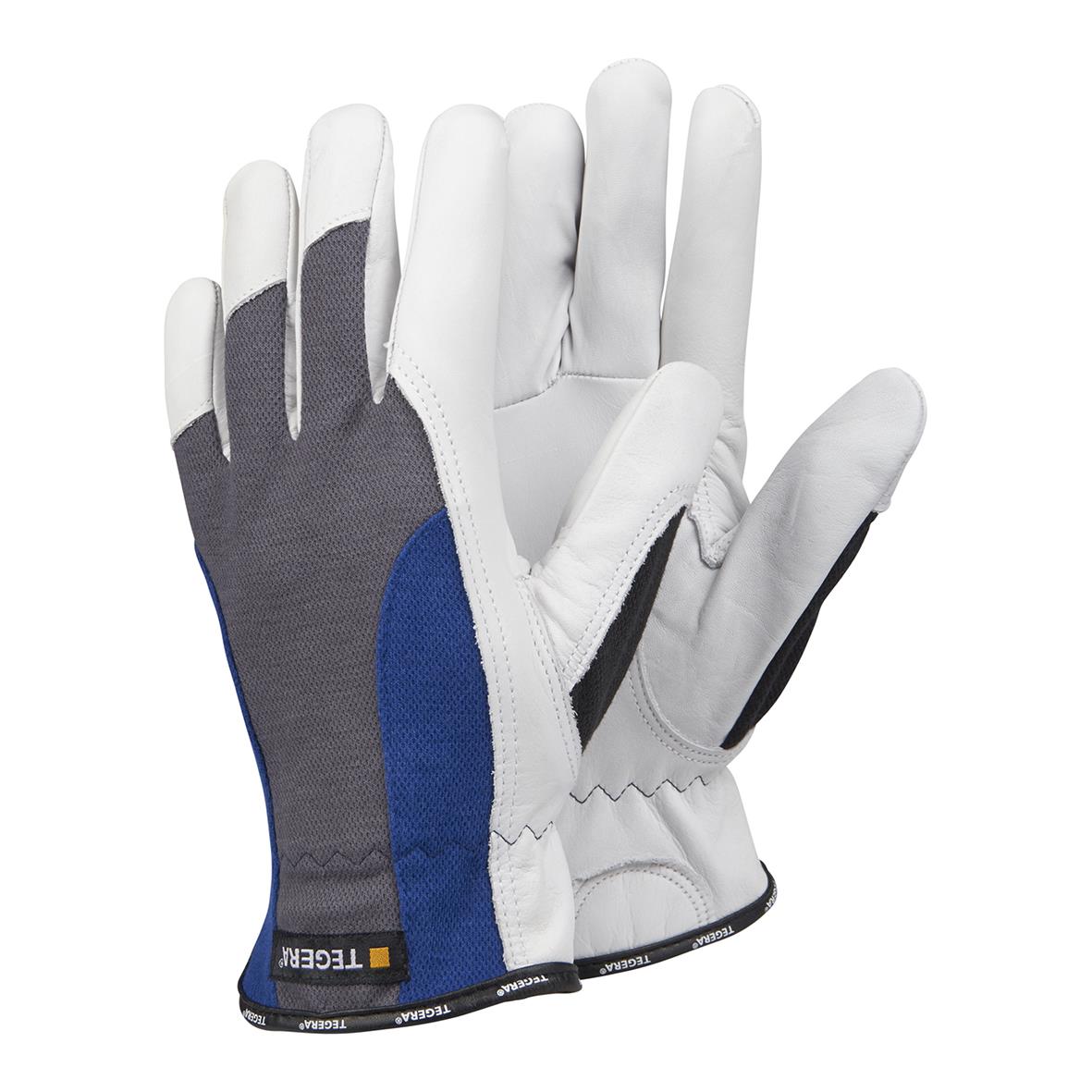 Läderhandske Tegera 888 i vitt, grå och blå med svart förstärkning