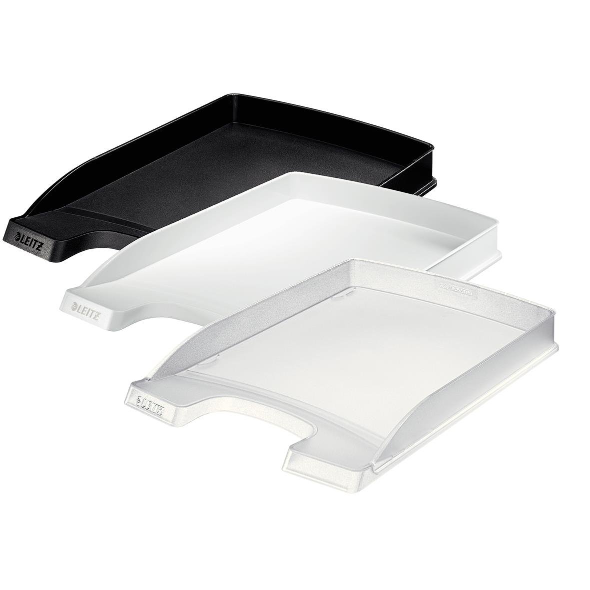 Tre brevlådor i svart vitt och transparent Leitz Slim