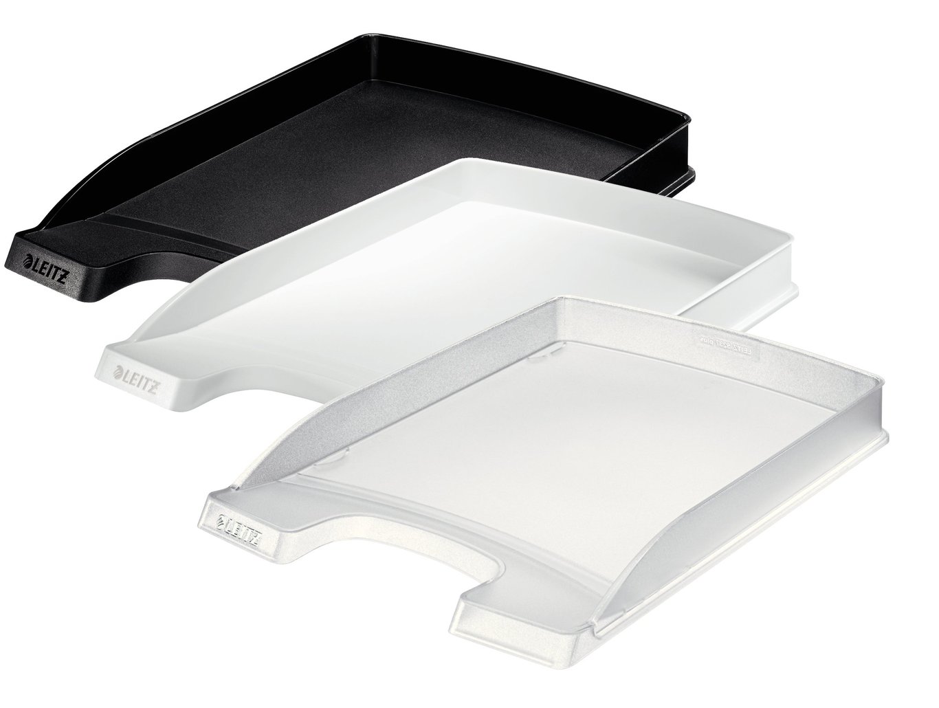 Tre brevlådor i svart vitt och transparent Leitz Slim