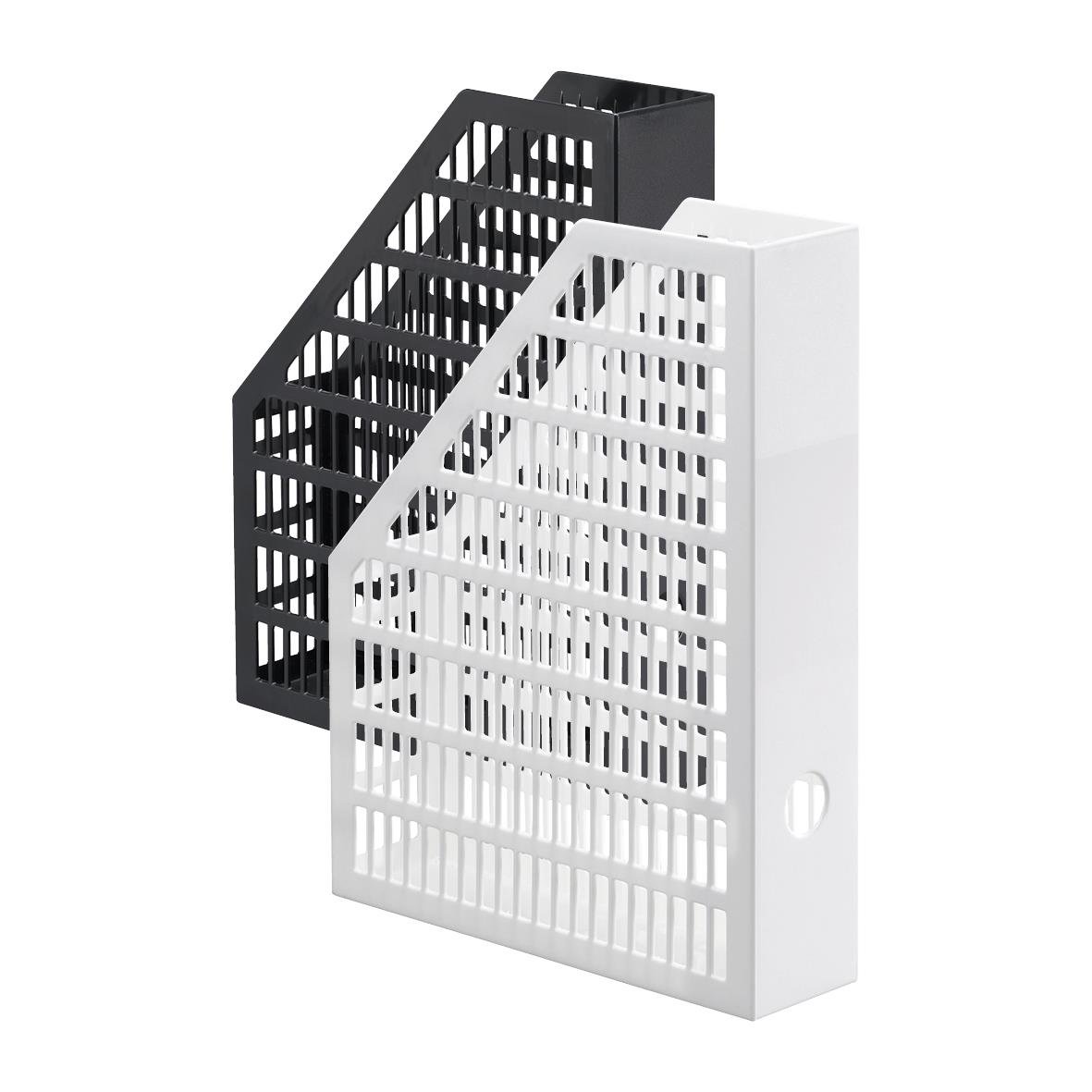 Två tidskriftssamlare Durable Ideal, en svart och en vit, med perforerade sidor för förvaring av tidskrifter eller dokument