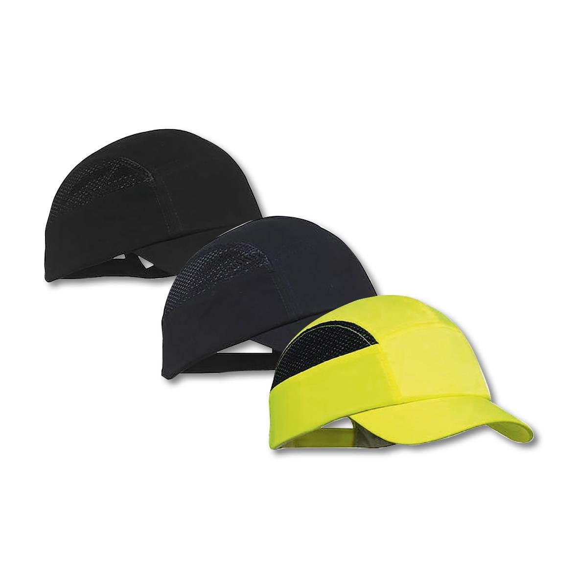 Tre stötskyddshattar i svart och gul med ventilationshål