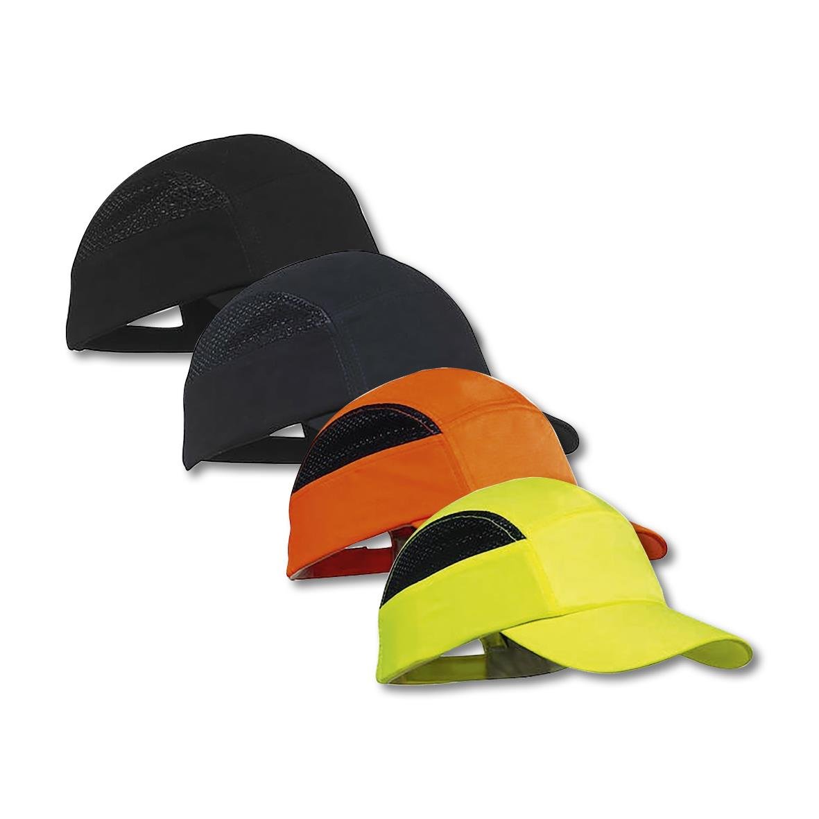 Fyra stötskyddshattar i svart, mörkblå, orange och gul med ventilationshål och justerbar rem