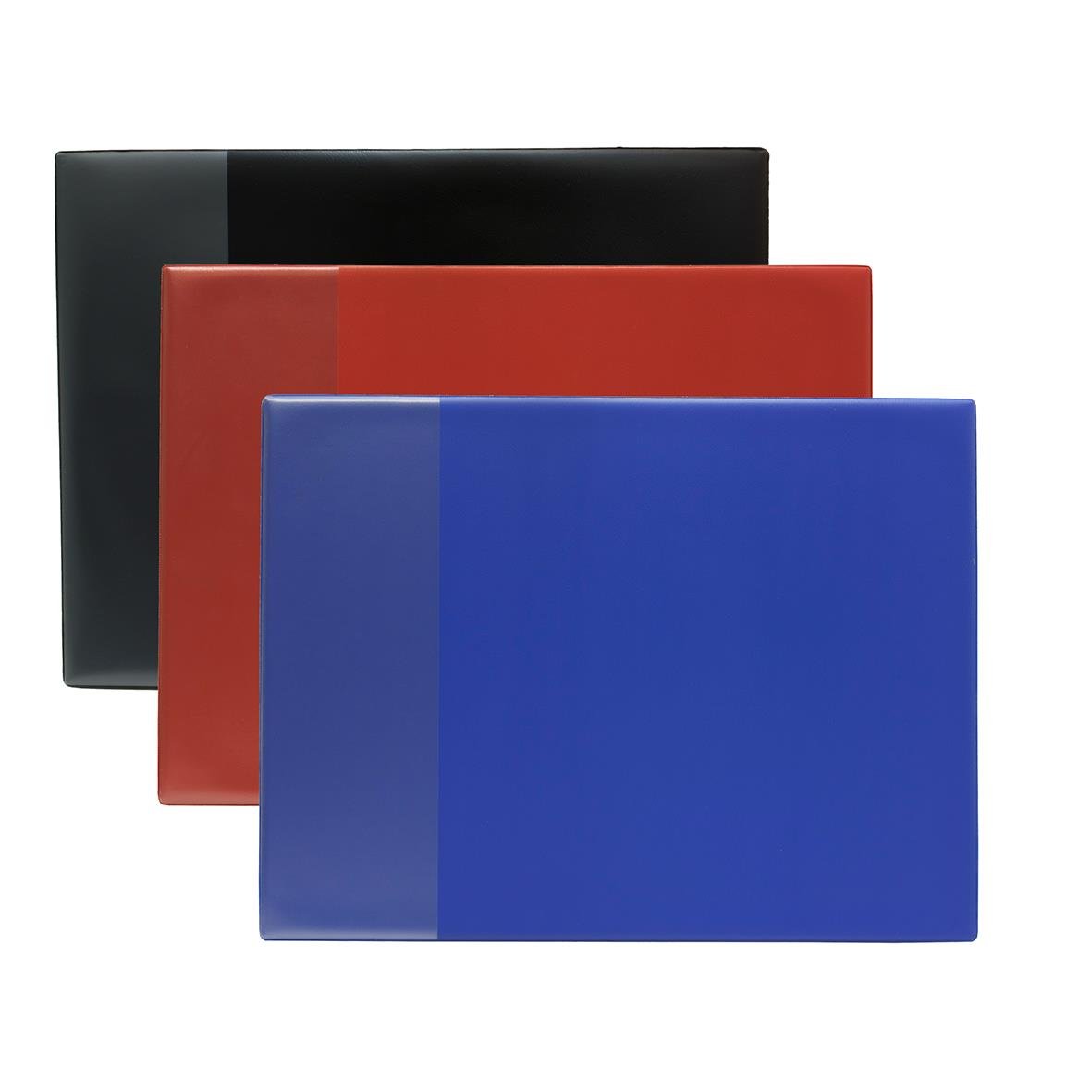 Tre skrivunderlägg i plast i färgerna svart, rött och blått, storlek 52x40cm