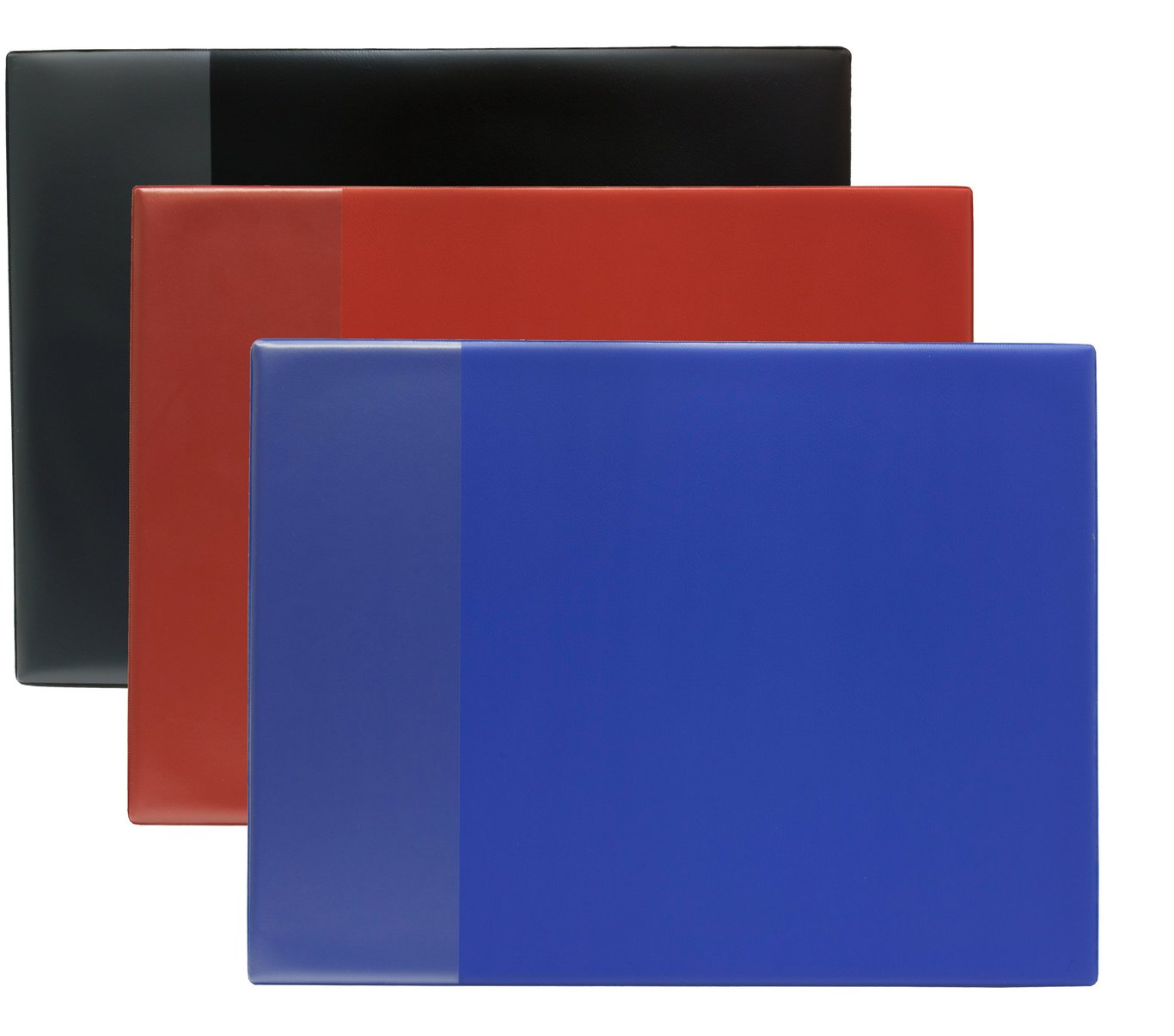 Tre skrivunderlägg i plast i färgerna svart, rött och blått, storlek 52x40cm