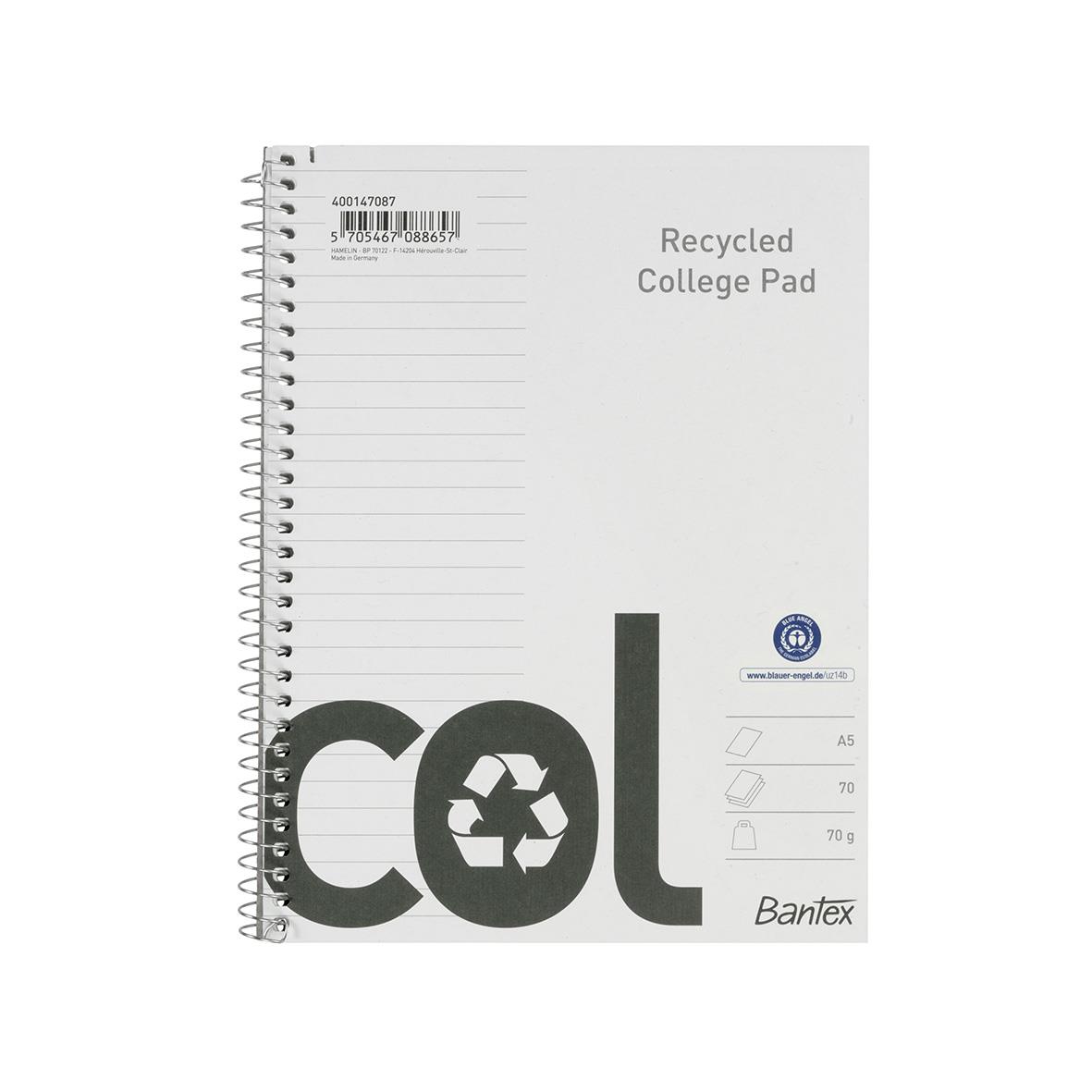 Kollegieblock Bantex Recycled-Svanen Linj. 70g 70 blad A5+ 10060090