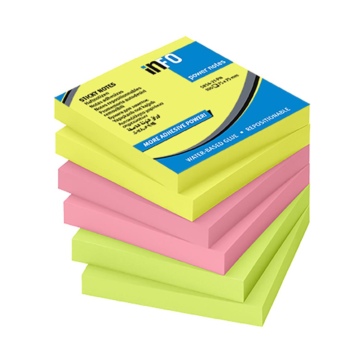Notisar Info Power Notes Brilliant Mix Gul, Rosa, Grön 75x75mm 10110310_1