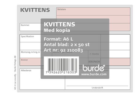 Kvittensblock onumrerade med kopia A6L 10220003