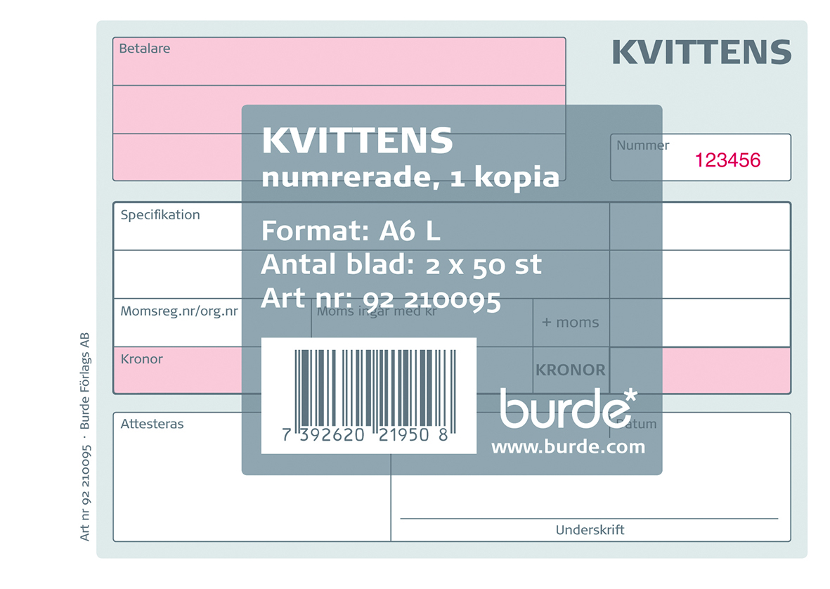 Kvittensblock numrerade med kopia A6L 10230001