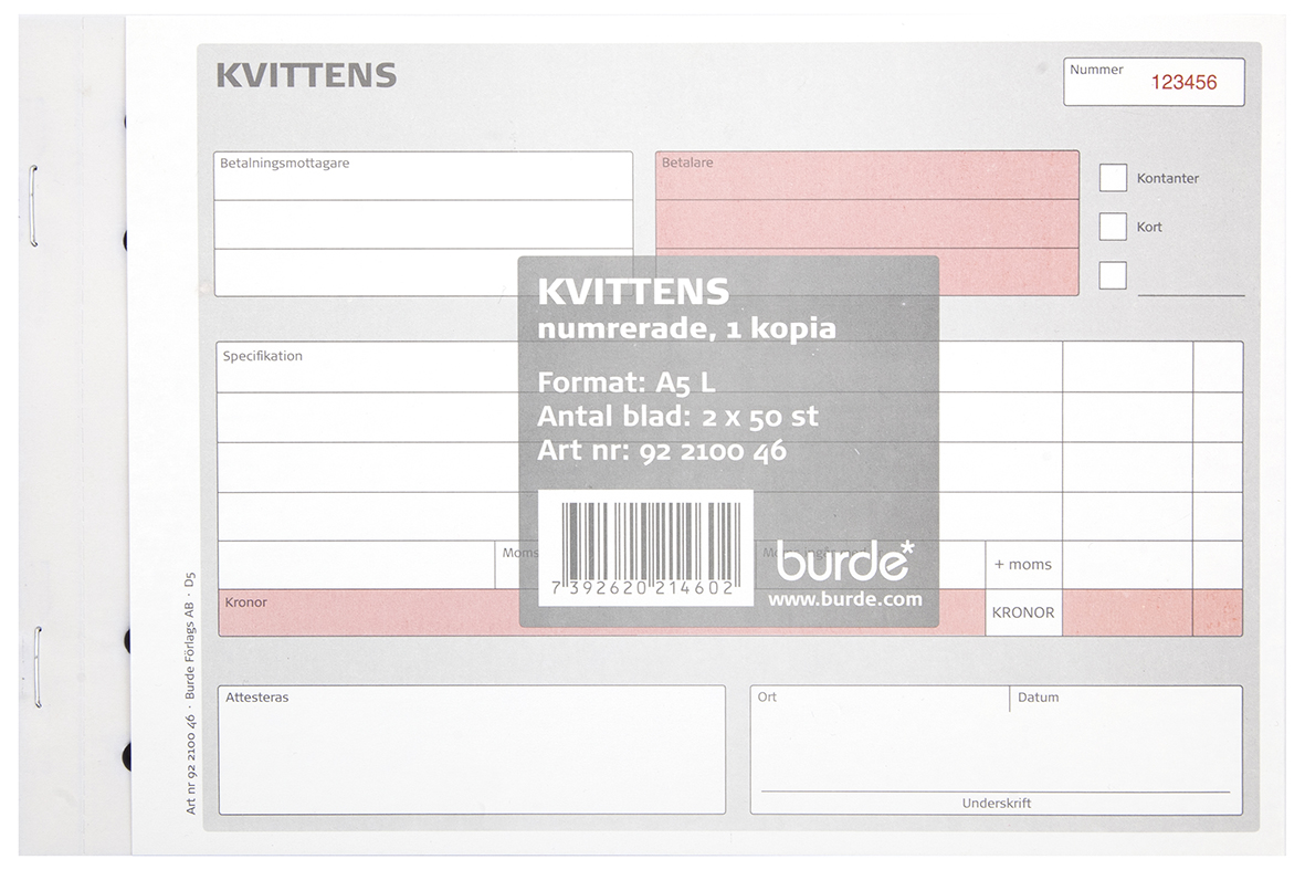 Kvittensblock numrerad med kopia A5L 2x50 ex 10230020