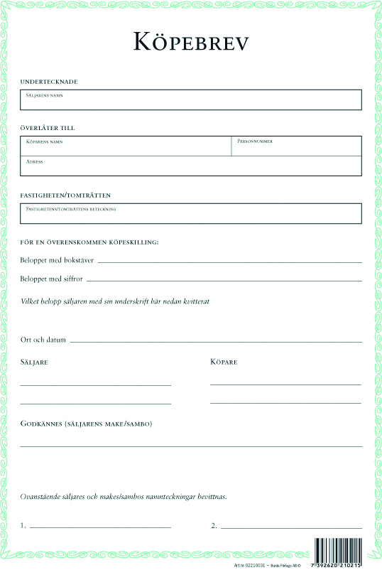 Blankett Köpebrev fastighet/tomträtt 10240016