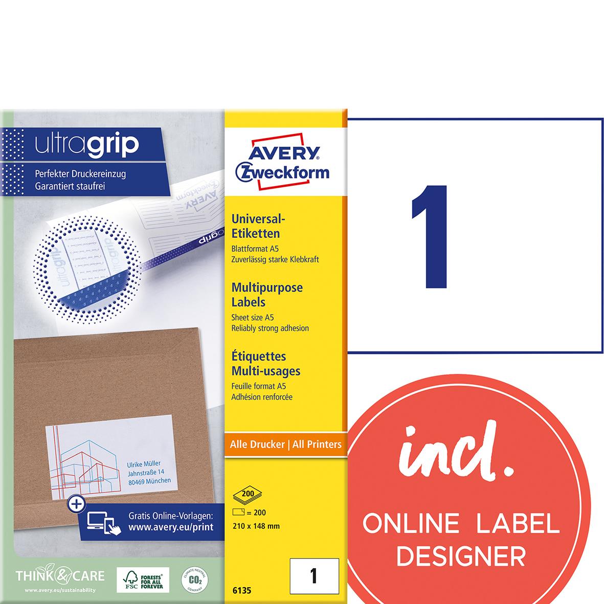 Universaletikett Avery på A5 ark vit 210x148mm 15011203