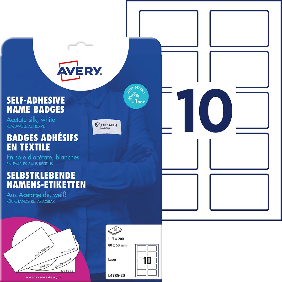Namnskyltar Avery textiler, avtagbara vit 80x50 mm 15011204_1