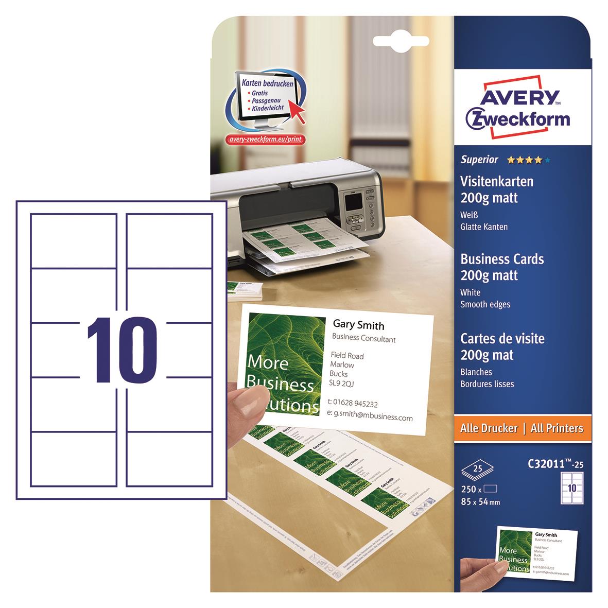 Visitkort Avery Quick & Clean inkjet/laser 200g 85x54mm 15080114_1