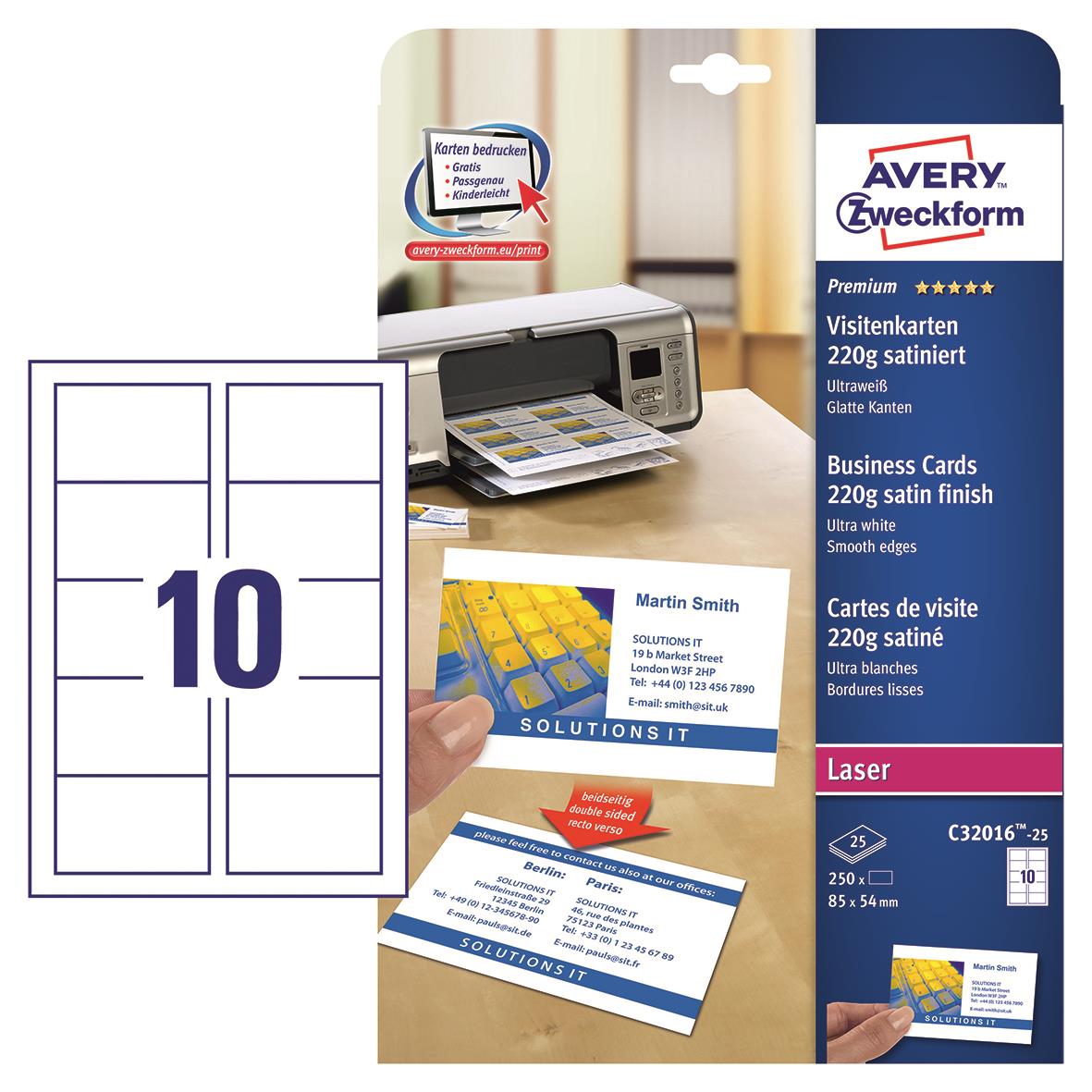 Visitkort Avery Quick & Clean färglaser 220g 85x54mm 15080115