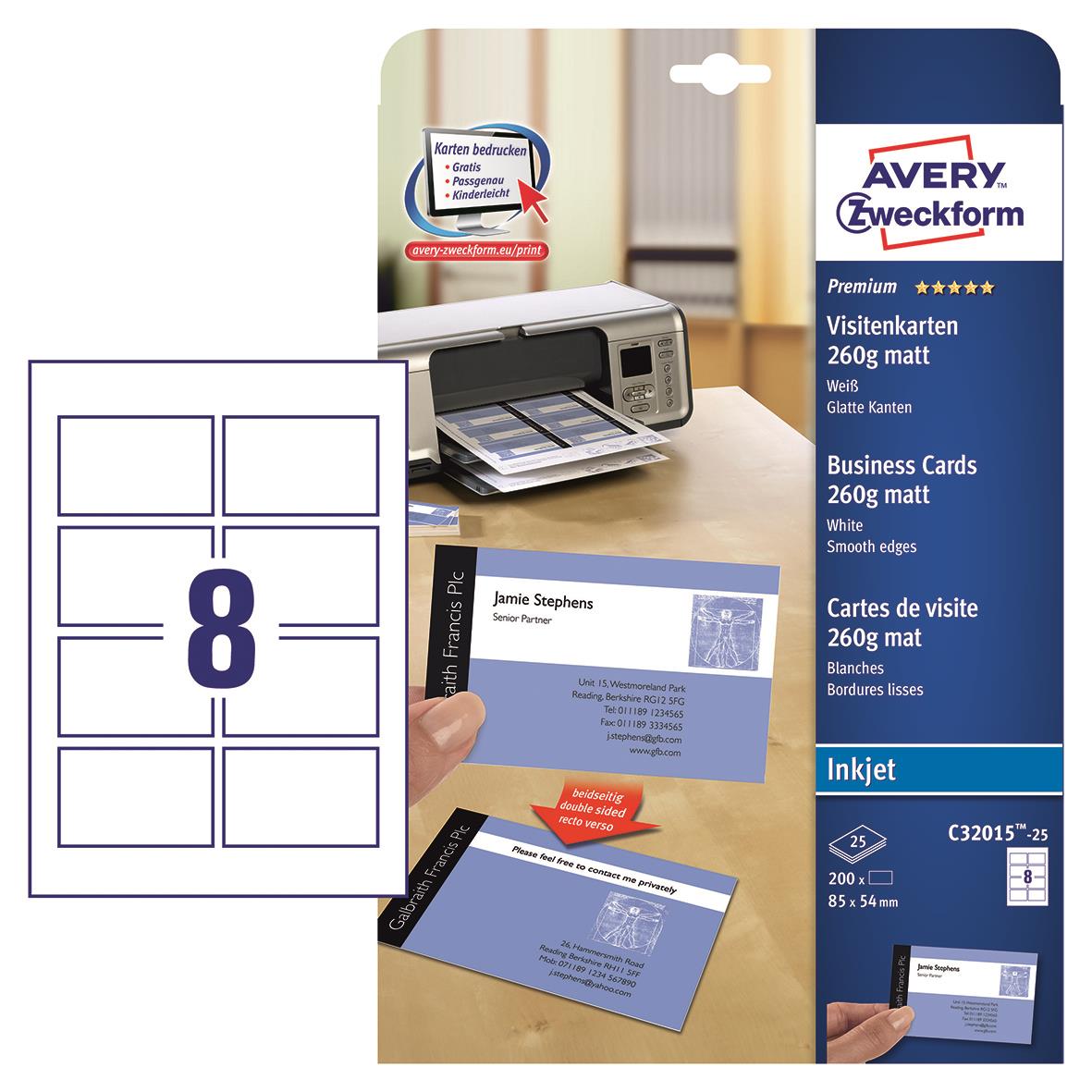 Visitkort Avery Quick & Clean inkjet 260g 85x54mm 15080116