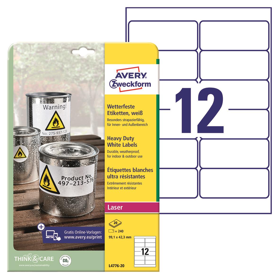 Laseretikett Avery L4776 Heavy Duty vit 99,1x42,3mm 15080137