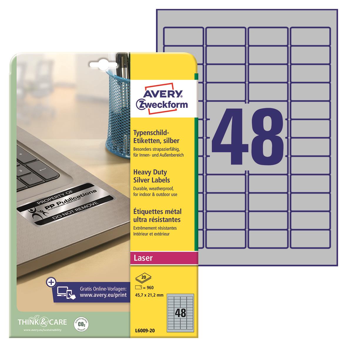 Laseretikett Avery L6009 Heavy Duty silver 45,7x21,2mm 15080140