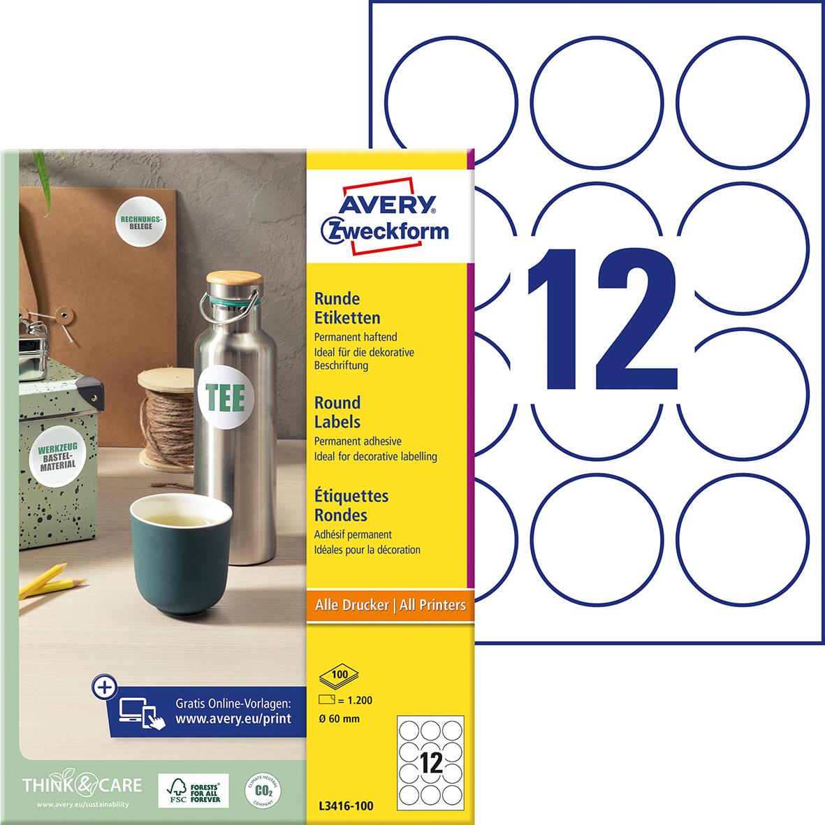 Universaletikett Avery L3416 Rund Ø60mm 15088699_1