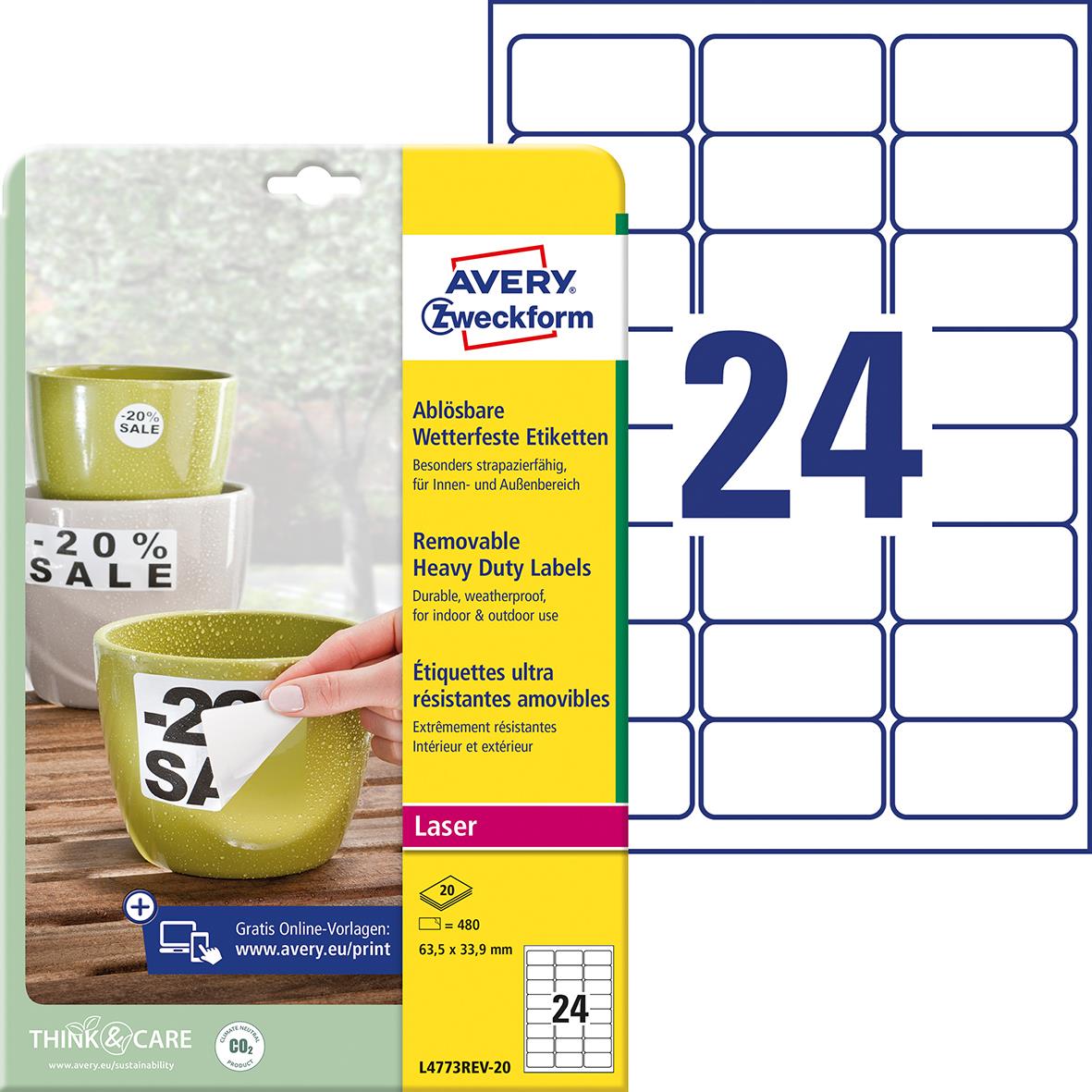 Laseretikett Avery Slitstark avtagbar L4773REV-20 vit 33,9x63,5mm 15088782