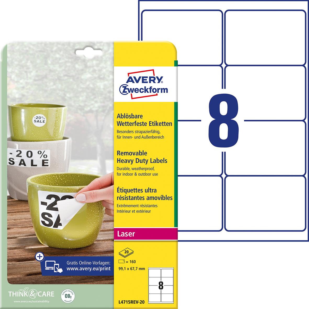 Laseretikett Avery Slitstark avtagbar L4715REV-20 vit 99,1x67,7mm 15088783_1