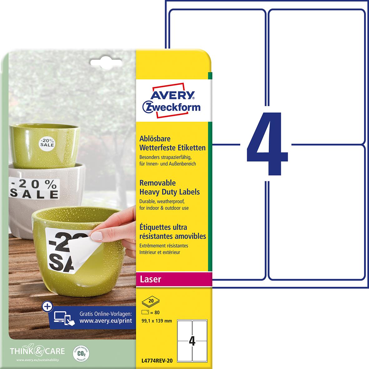 Laseretikett Avery Slitstark avtagbar L4774REV-20 vit 99,1x139mm 15088784