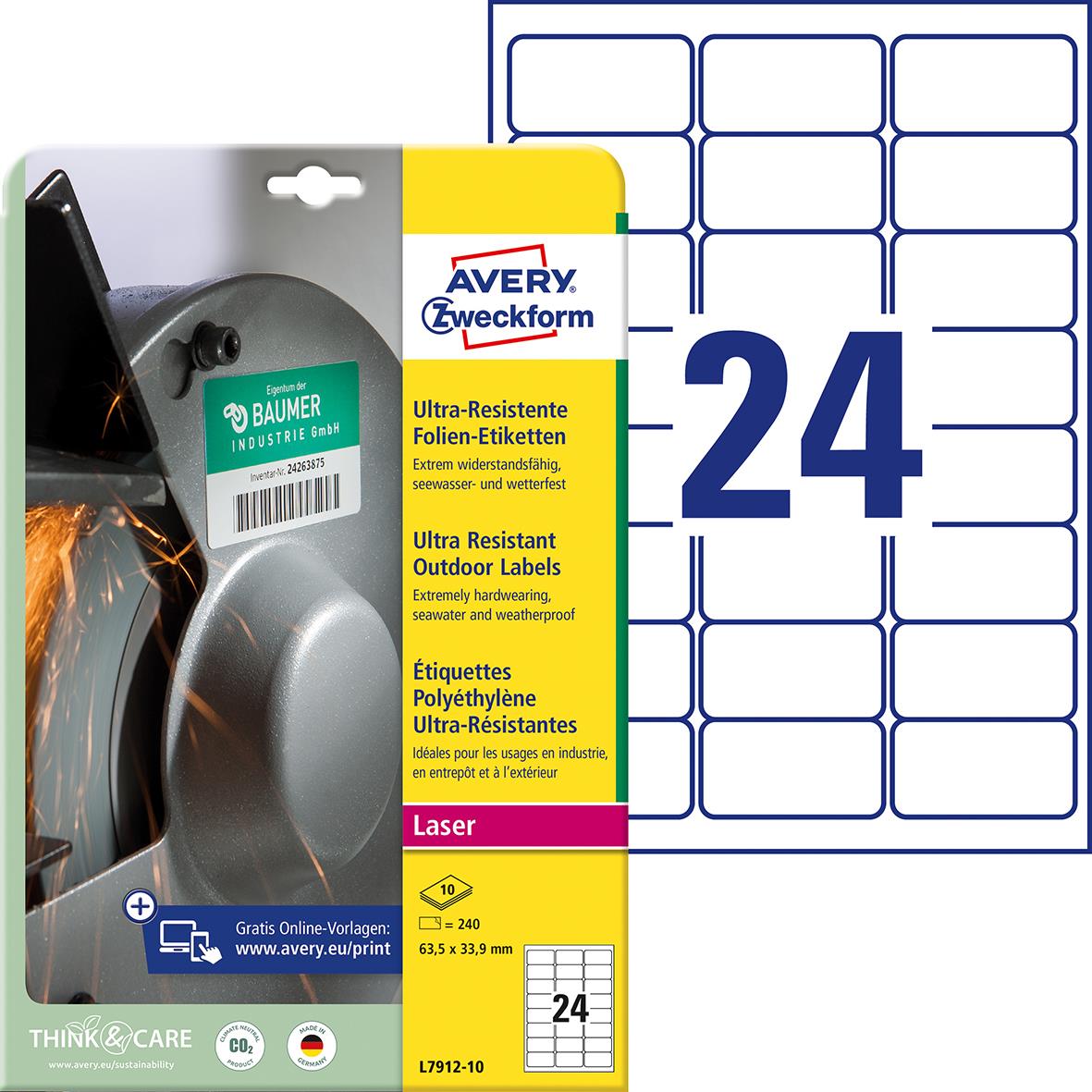 Laseretikett Avery Extremt motståndskraftig L7912-10 vit 63,5x33,9mm 15088785