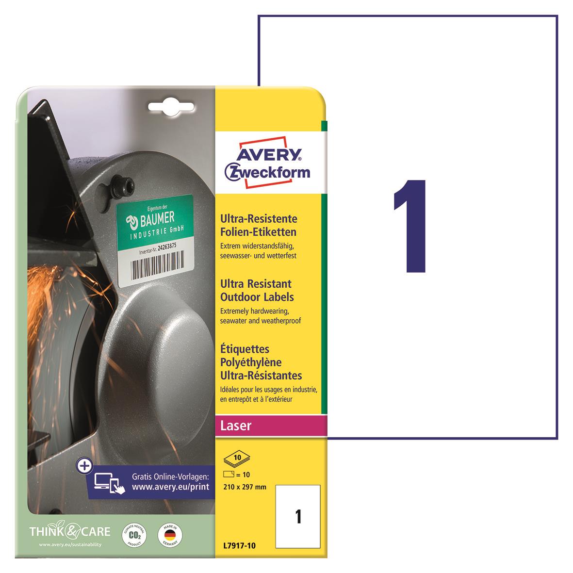 Laseretikett Avery Extremt motståndskraftig L7917-10 vit 210x297mm 15088786_1