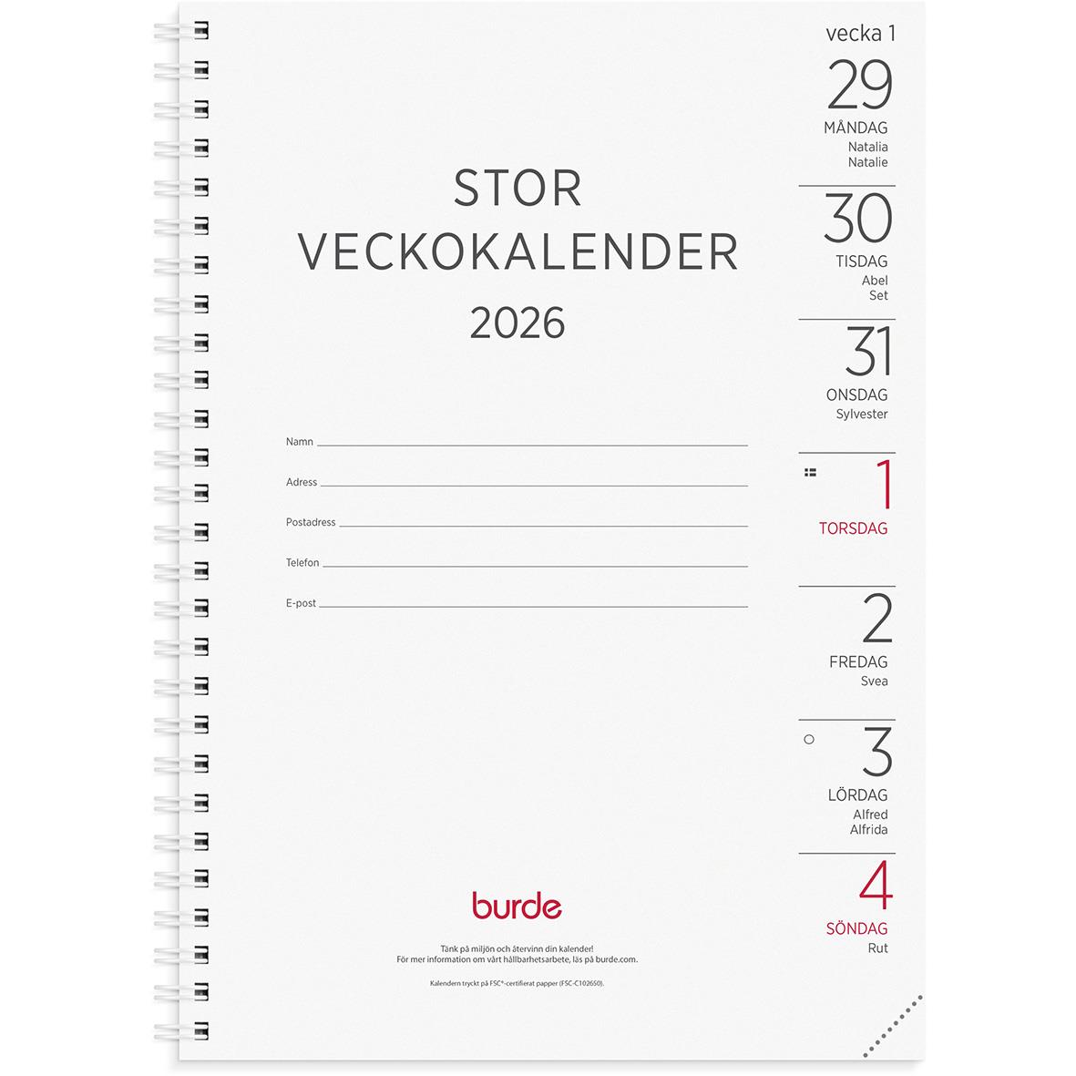 Almanacka 1100 Stor Veckokalender refill 2021 16010373_1