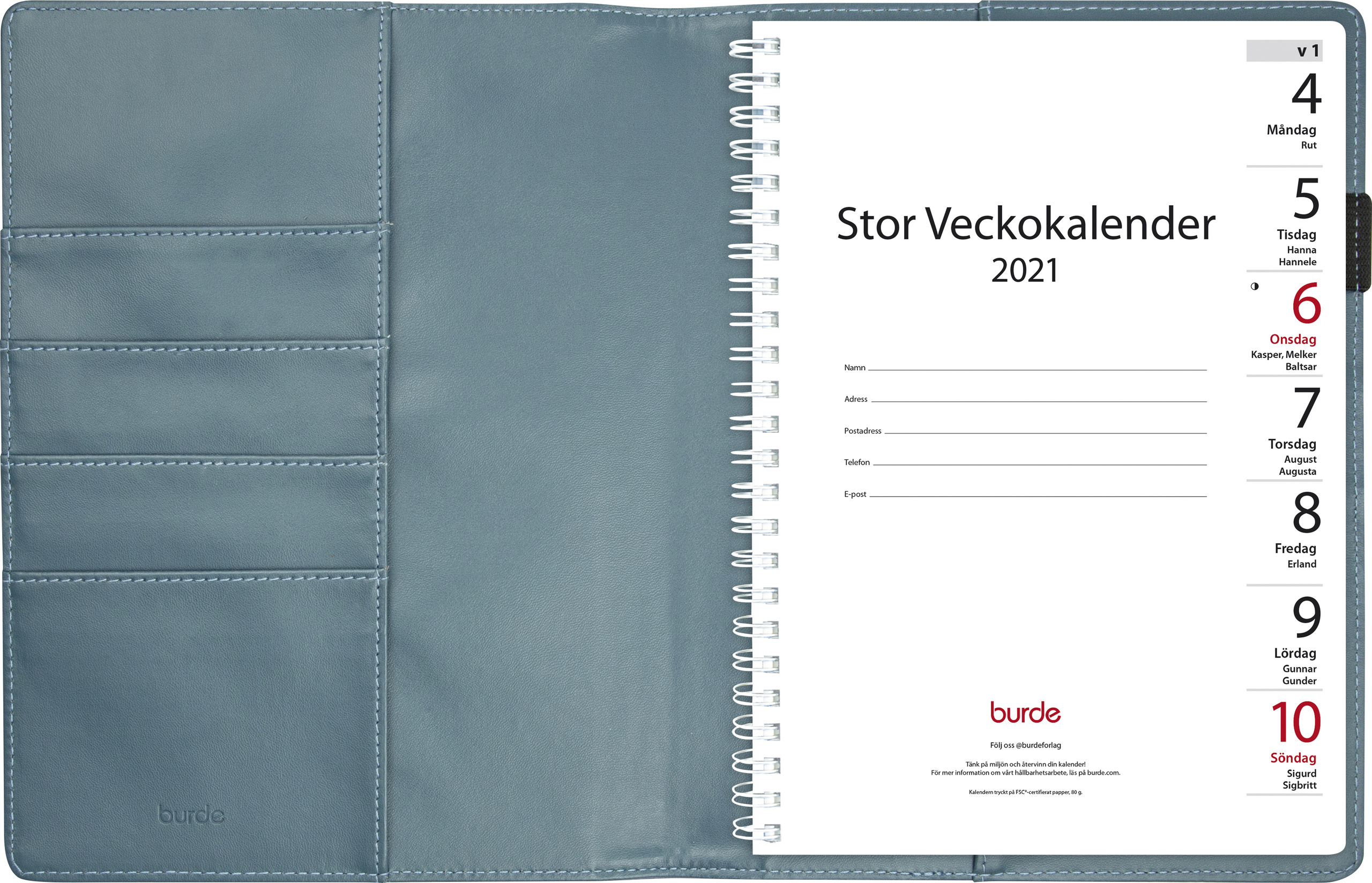 Almanacka 5308 Stor Veckokalender blått konstläder Alba 2021 16050598_3