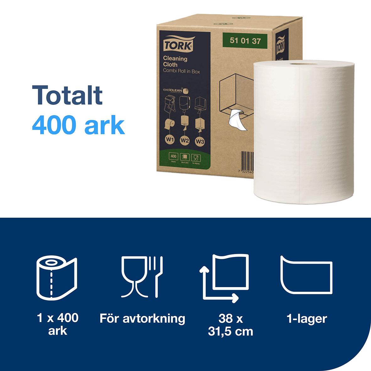 Torkrulle Tork W1/2/3 Mjuk 1-lag vit 32cm x 152m 50100041_2