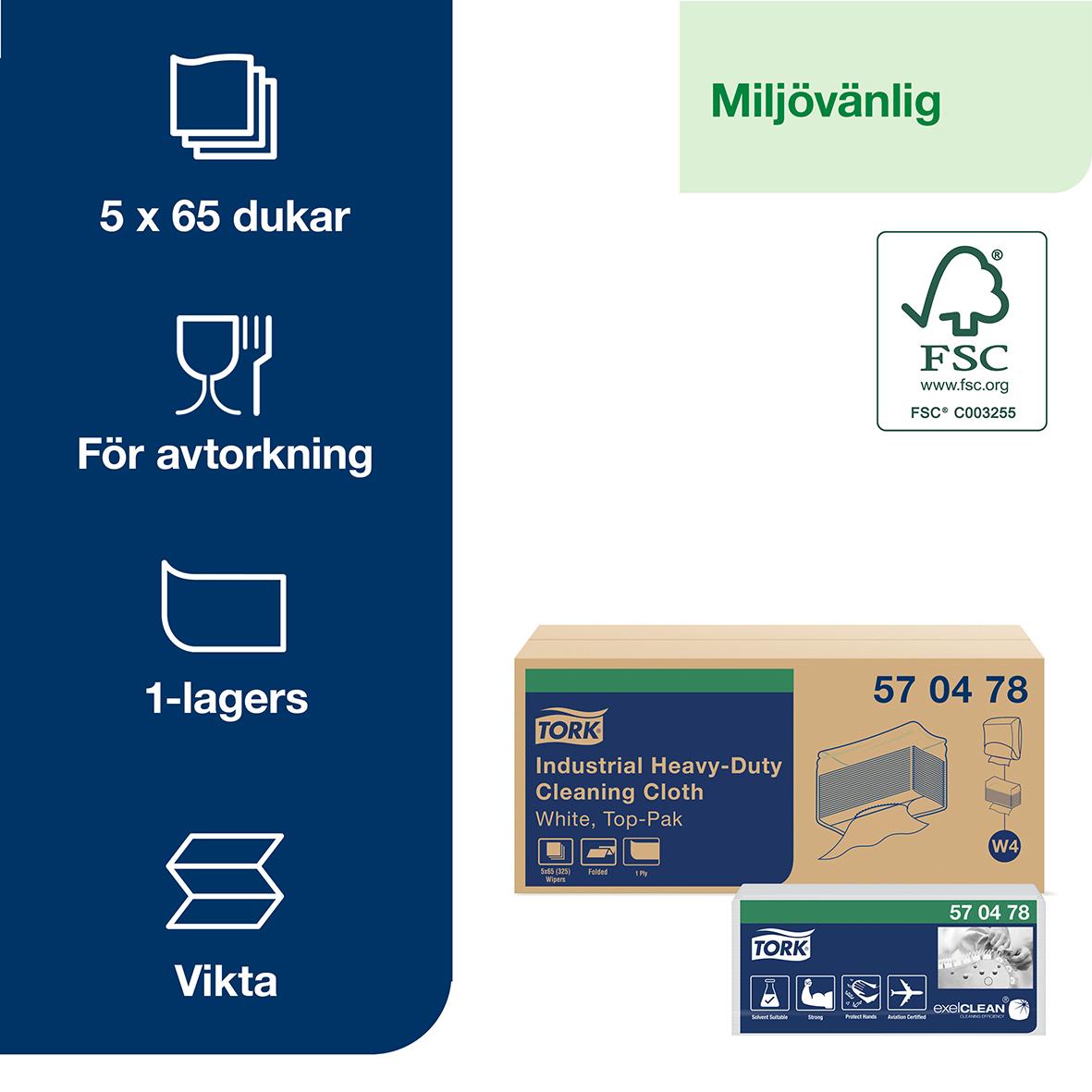 Rengöringsduk Tork W4 Extra Kraftig 1-lag Vit 355x428mm 50100141_2