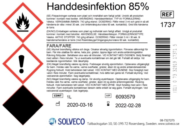 Handdesinfektion Solveco 85% 1L 51010216_2